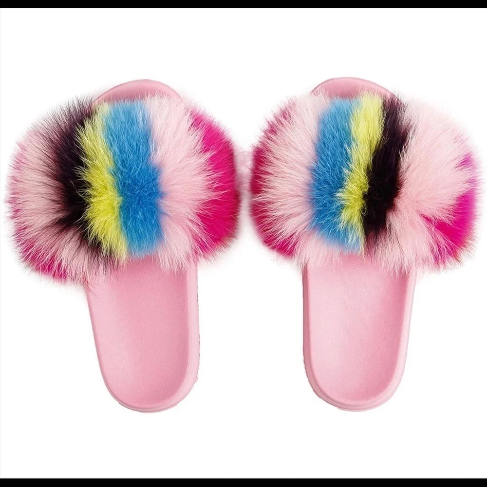 NEW Women's Fur Slides Slippers Pink Rainbow 9-9.5